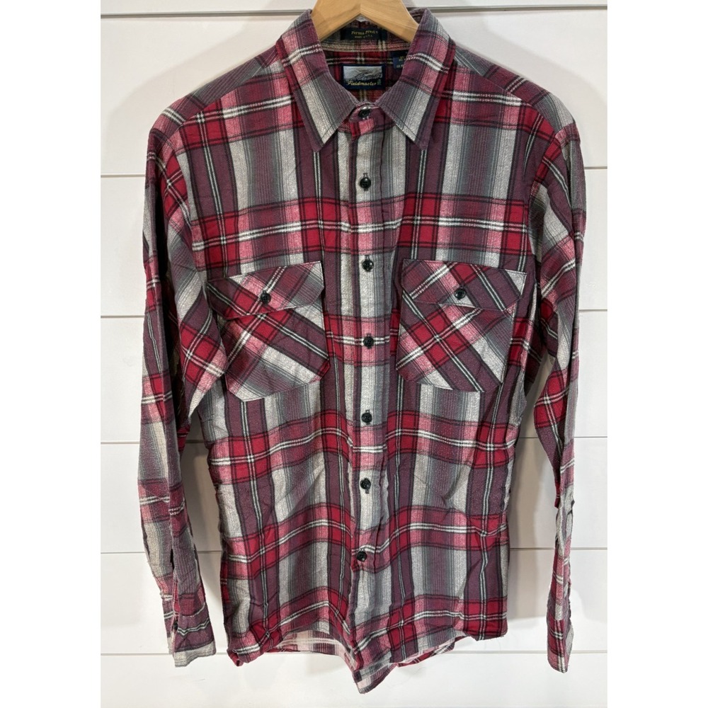 Vintage Fieldmaster Red Gray Plaid Flannel Shirt Men's Size Large L Perma-Prest